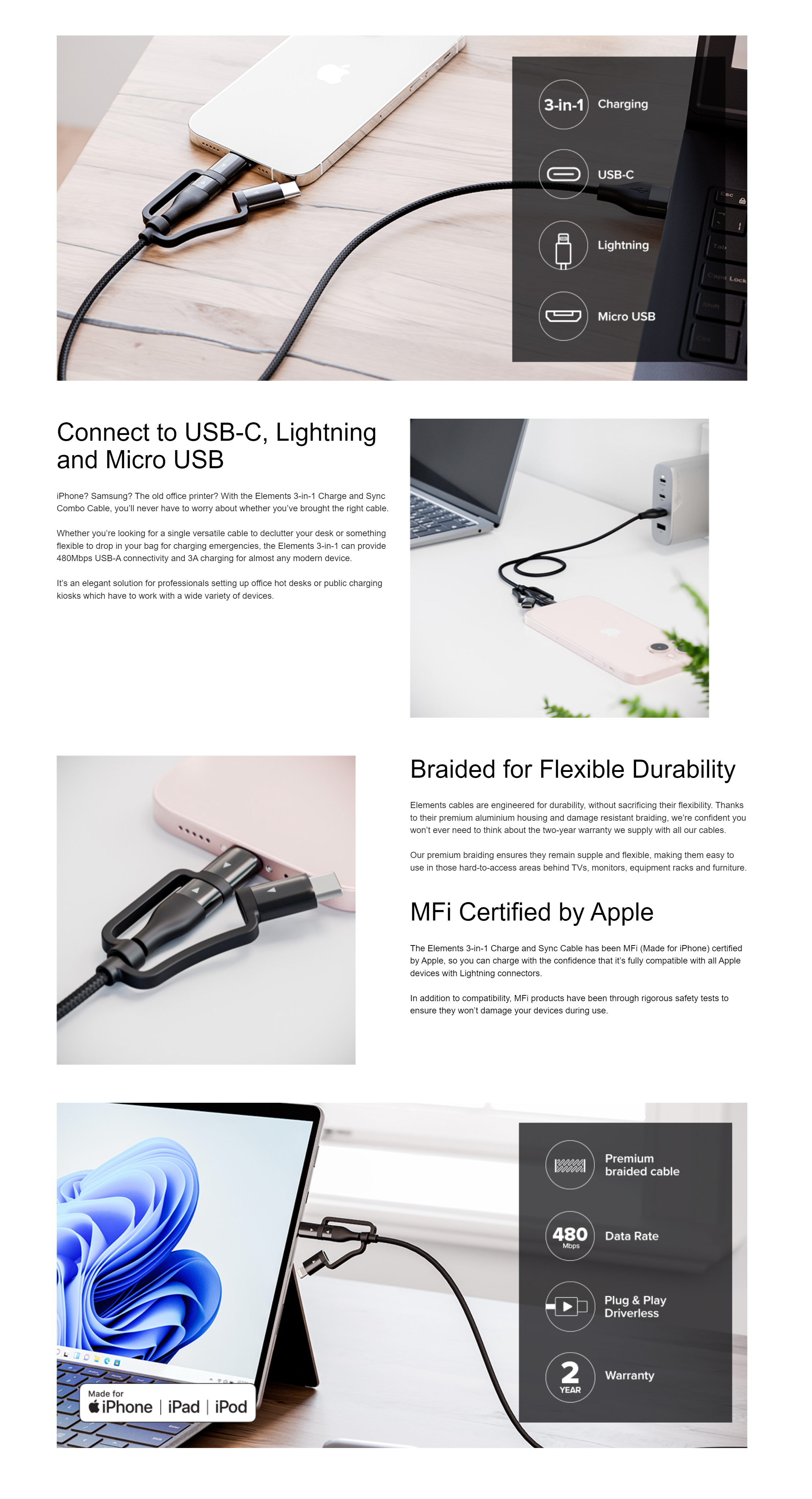 A large marketing image providing additional information about the product ALOGIC Elements 3-in-1 Charge and Sync Combo Cable - 1m - Additional alt info not provided